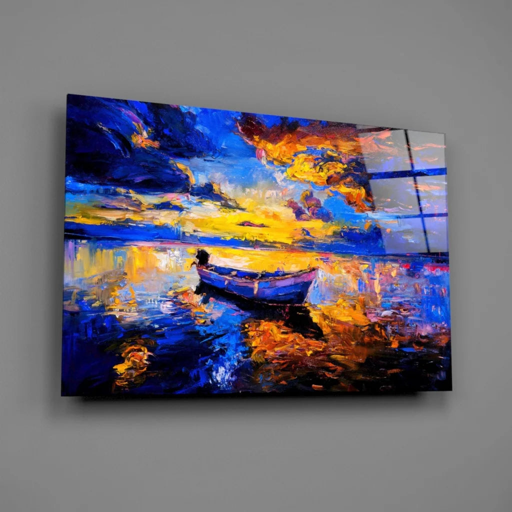 Stunning Sunset Boat Glass Wall Art with Bold Abstract Colors | Glass Wall Art Print | vintageantiquesgifts.com
