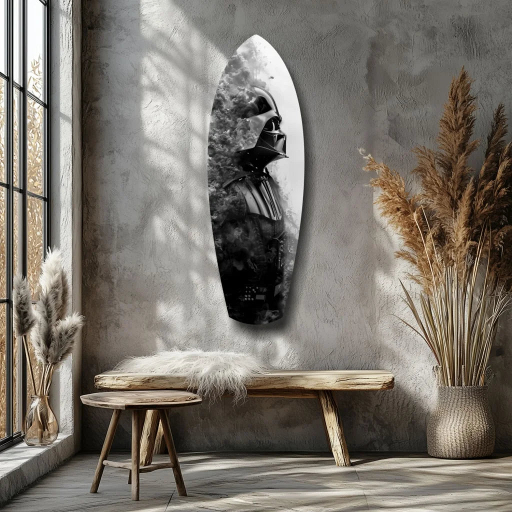 Dark force Darth Vader black-and-white portrait on tempered glass surfboard art