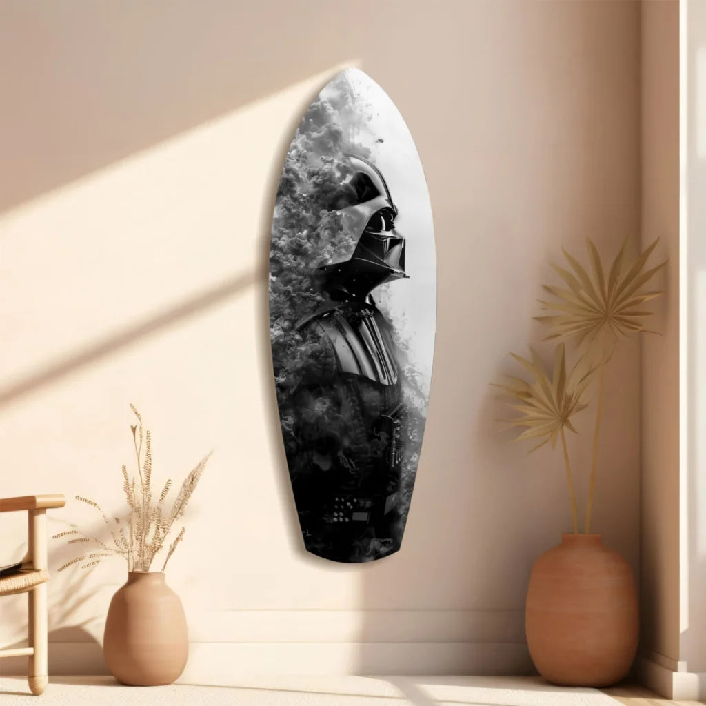 Sleek Darth Vader tempered glass art surfboard portrait in black-and-white