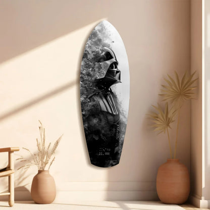Sleek Darth Vader tempered glass art surfboard portrait in black-and-white