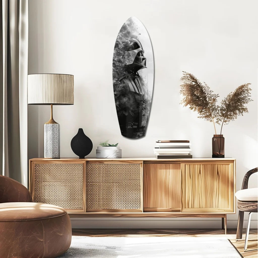 Black and white Darth Vader tempered glass art surfboard wall piece