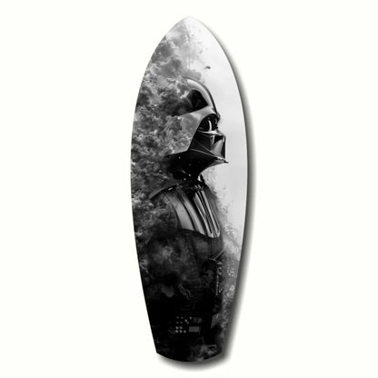 Glossy black and white Darth Vader surfboard in Dark Force tempered glass art