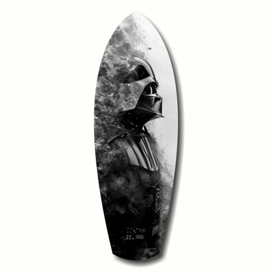 Glossy black and white Darth Vader surfboard in Dark Force tempered glass art