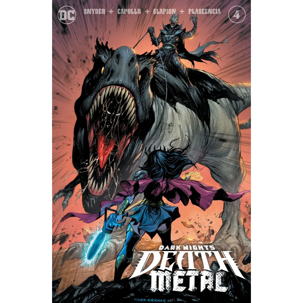 Dark Nights Death Metal comic cover with dinosaur battle and glowing sword action