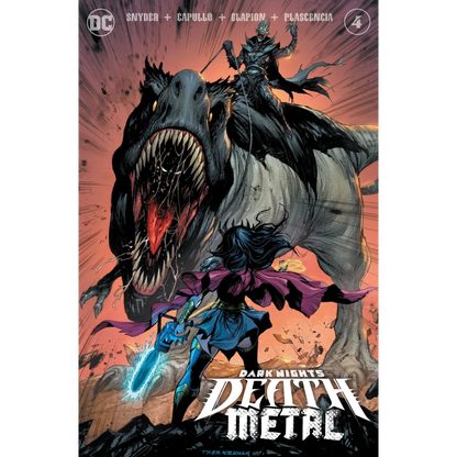 Dark Nights Death Metal comic cover with dinosaur battle and glowing sword action