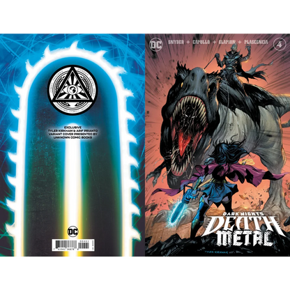 Dark Nights Death Metal comic covers featuring a chainsaw design and dinosaur battle