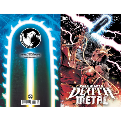 Comic book covers featuring chainsaw design and Wonder Woman Chainsaw from Dark Nights Death Metal by Unknown Comics Jay
