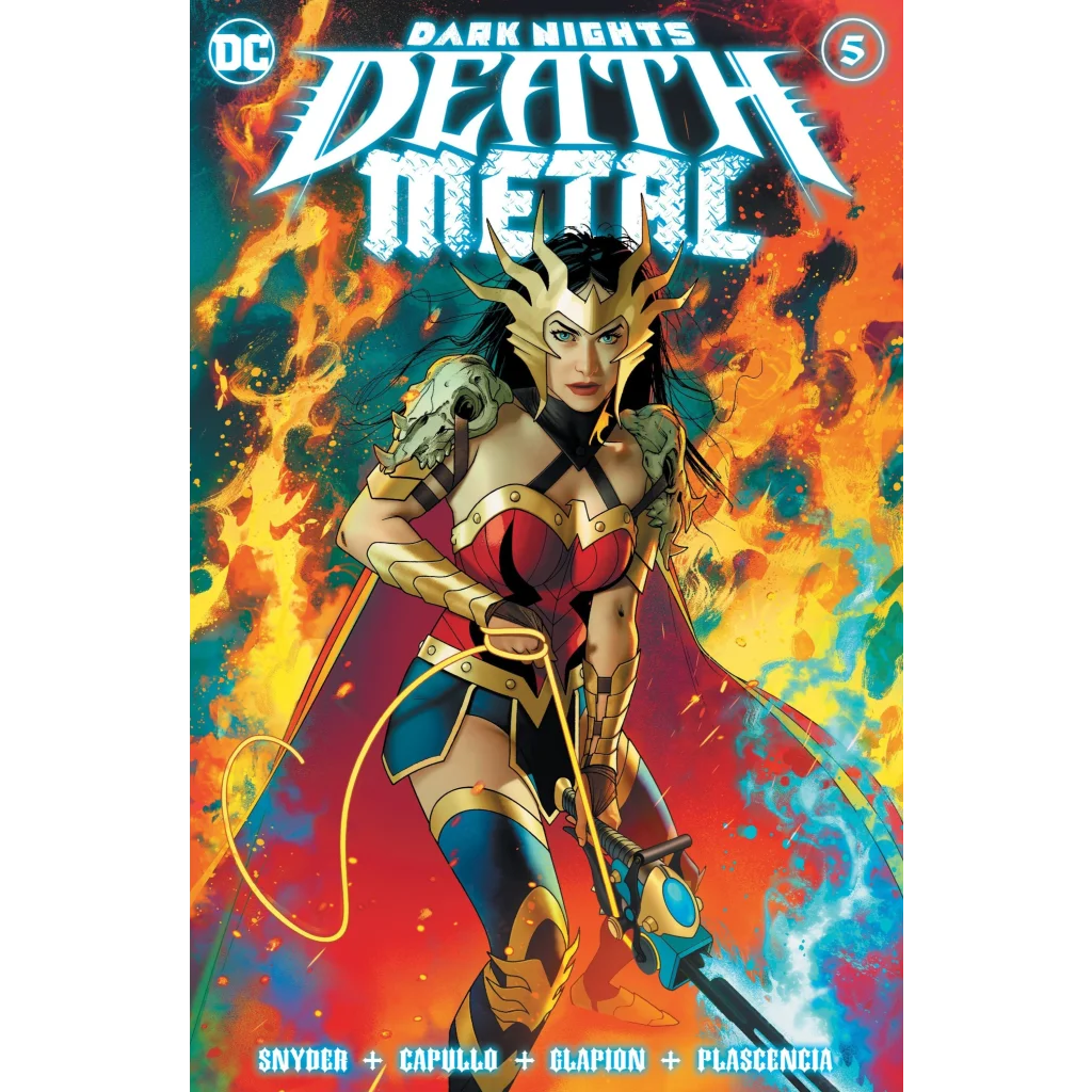 Dark Nights Death Metal Wonder Woman comic cover with battle armor in epic fight scene