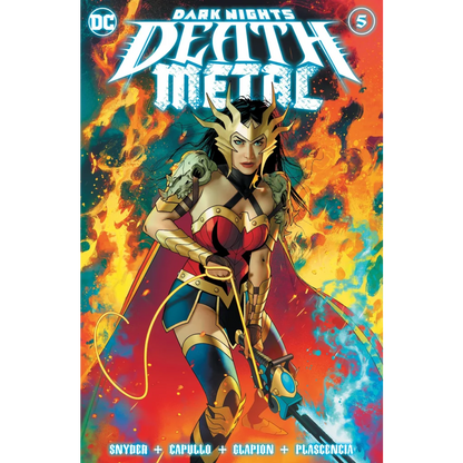 Dark Nights Death Metal Wonder Woman comic cover with battle armor in epic fight scene