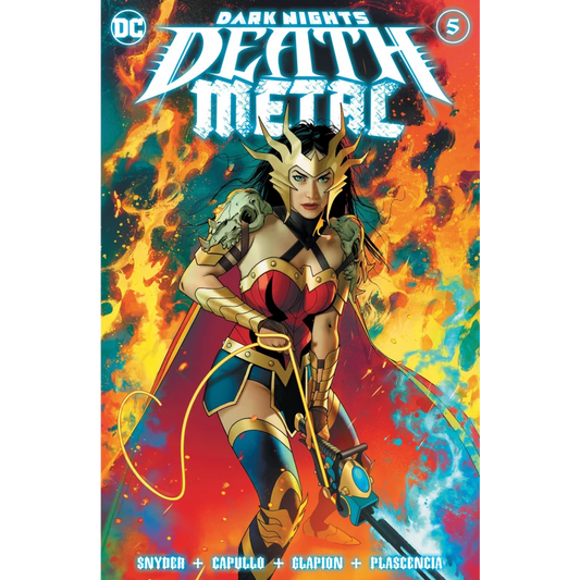 Dark Nights Death Metal Wonder Woman comic cover with battle armor in epic fight scene