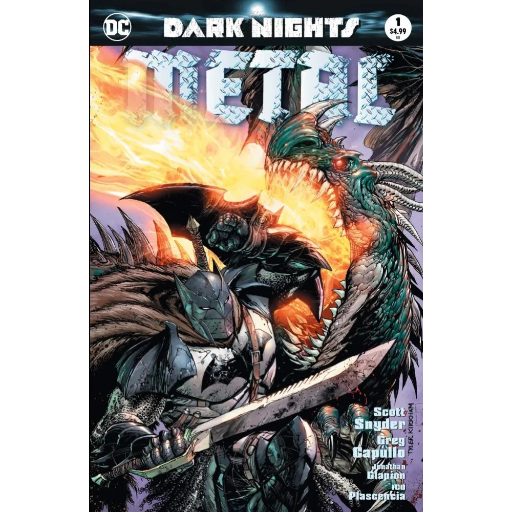 Dark Nights Metal Tyler Kirkham comic with armored Batman and fiery dragon scene