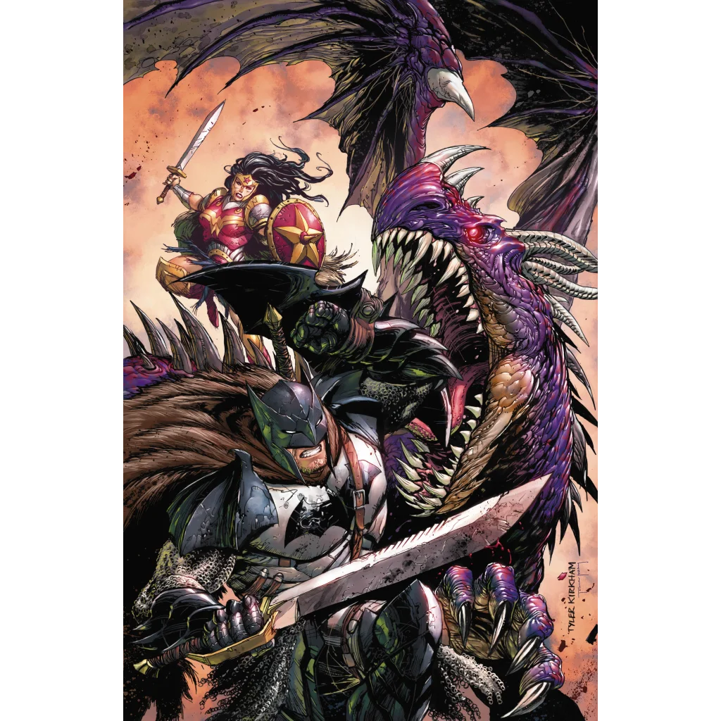 Dark Nights Metal comic cover featuring Batman Wonder Woman and a dragon by Tyler Kirkham