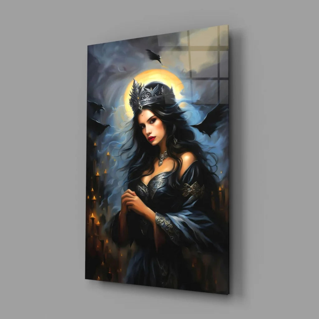Gothic queen crowned in black, moody moonlit wall art canvas with bats