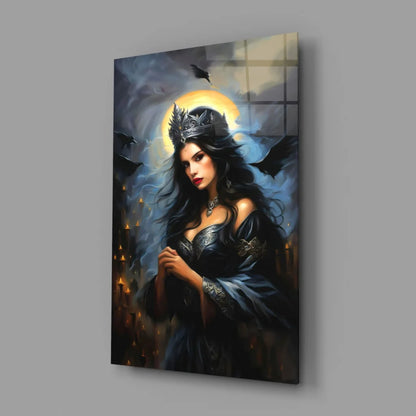Gothic queen crowned in black, moody moonlit wall art canvas with bats