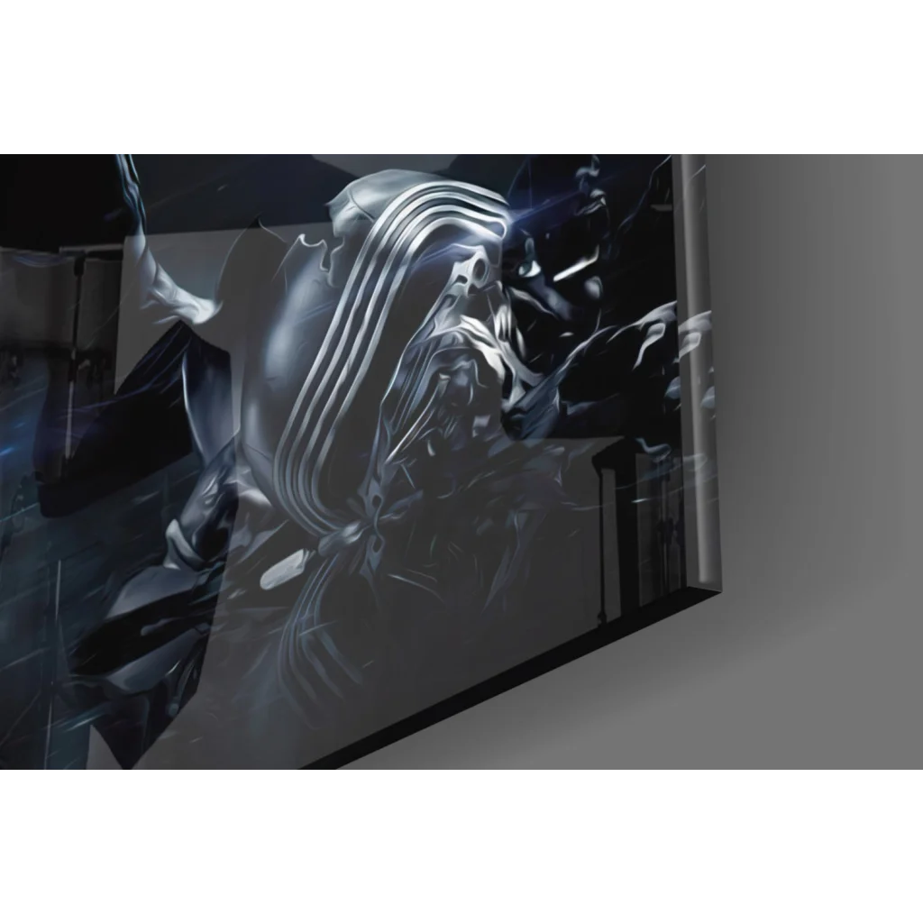 Sleek silver-framed glass wall art of Dark Side Kylo Ren dual lightsaber in high-contrast metallic tones