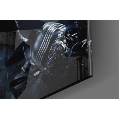 Sleek silver-framed glass wall art of Dark Side Kylo Ren dual lightsaber in high-contrast metallic tones