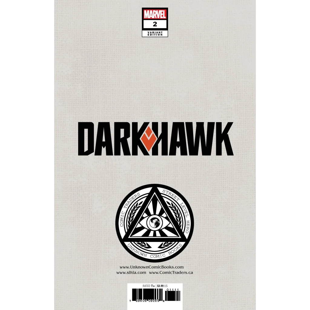 Back cover of Darkhawk Marvel Comics collectible by Miguel Mercado featuring a circular logo