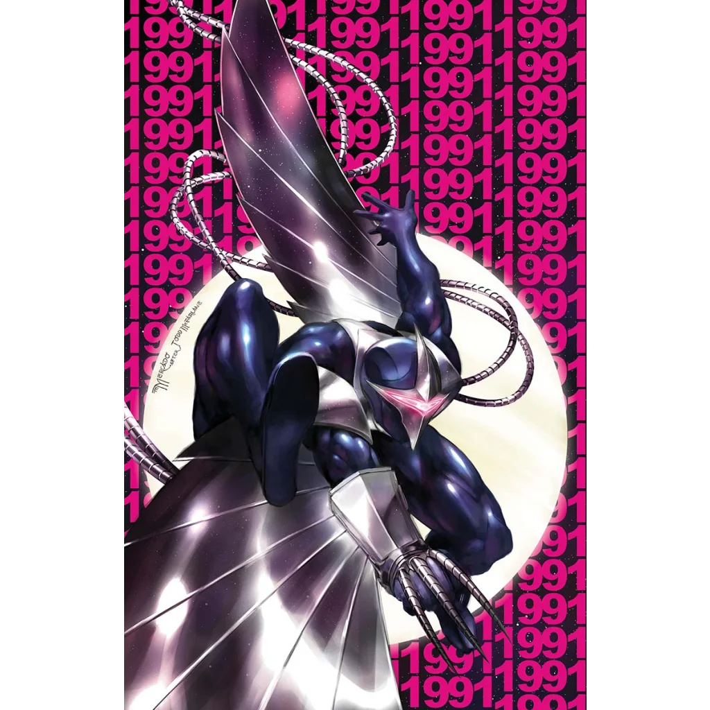 Dark-skinned superhero with metallic wings, armor, and pink-visored helmet on comic cover