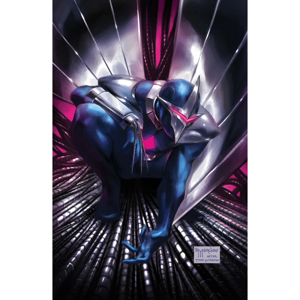 Blue and silver armored superhero with pink accents from Darkhawk Issue 3 cover art