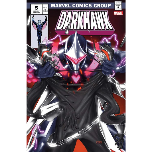 Darkhawk Issue 5 Explosive Finale Variant Cover comic book with character in metallic suit and black cape