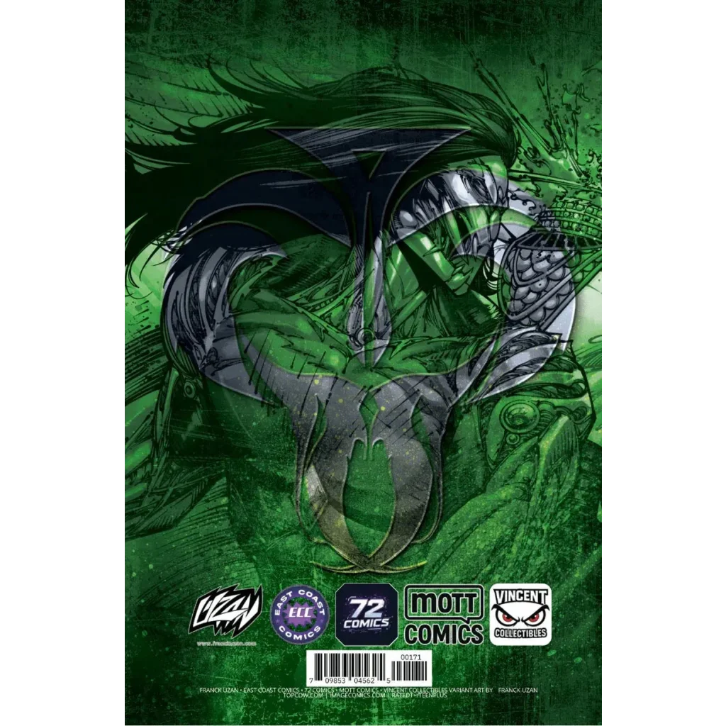 Green armored comic book warrior with black and silver plating in dynamic pose on textured green background franck uzan