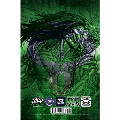 Green armored comic book warrior with black and silver plating in dynamic pose on textured green background franck uzan