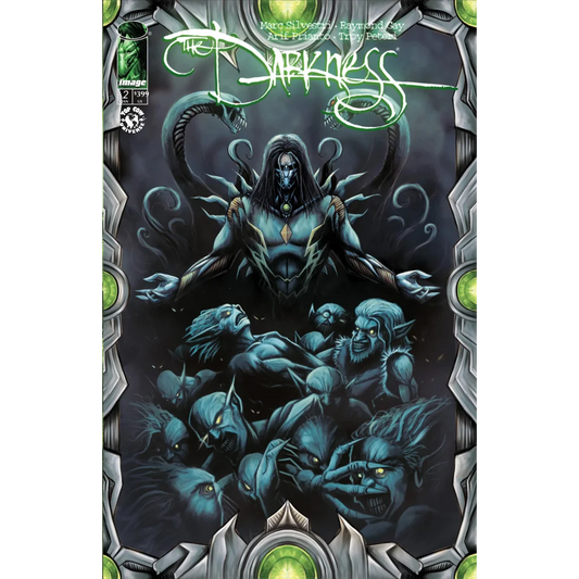 The darkness comic book cover features a menacing dark-skinned figure with glowing green eyes in john bruggman exclusive edition