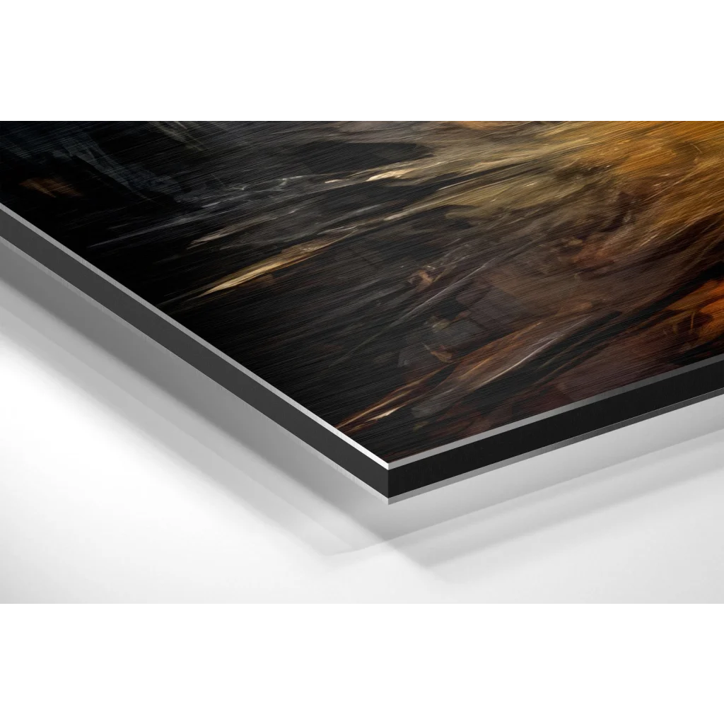 Abstract brushed aluminium dibond print with swirling black, gold, and brown hues in sleek black frame