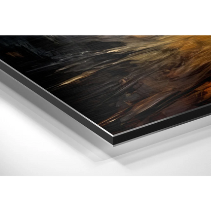 Abstract brushed aluminium dibond print with swirling black, gold, and brown hues in sleek black frame