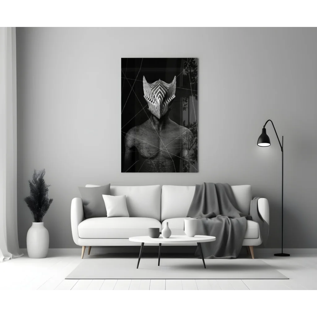 Striking zebra mask glass wall art in bold black and white