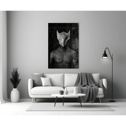 Striking zebra mask glass wall art in bold black and white