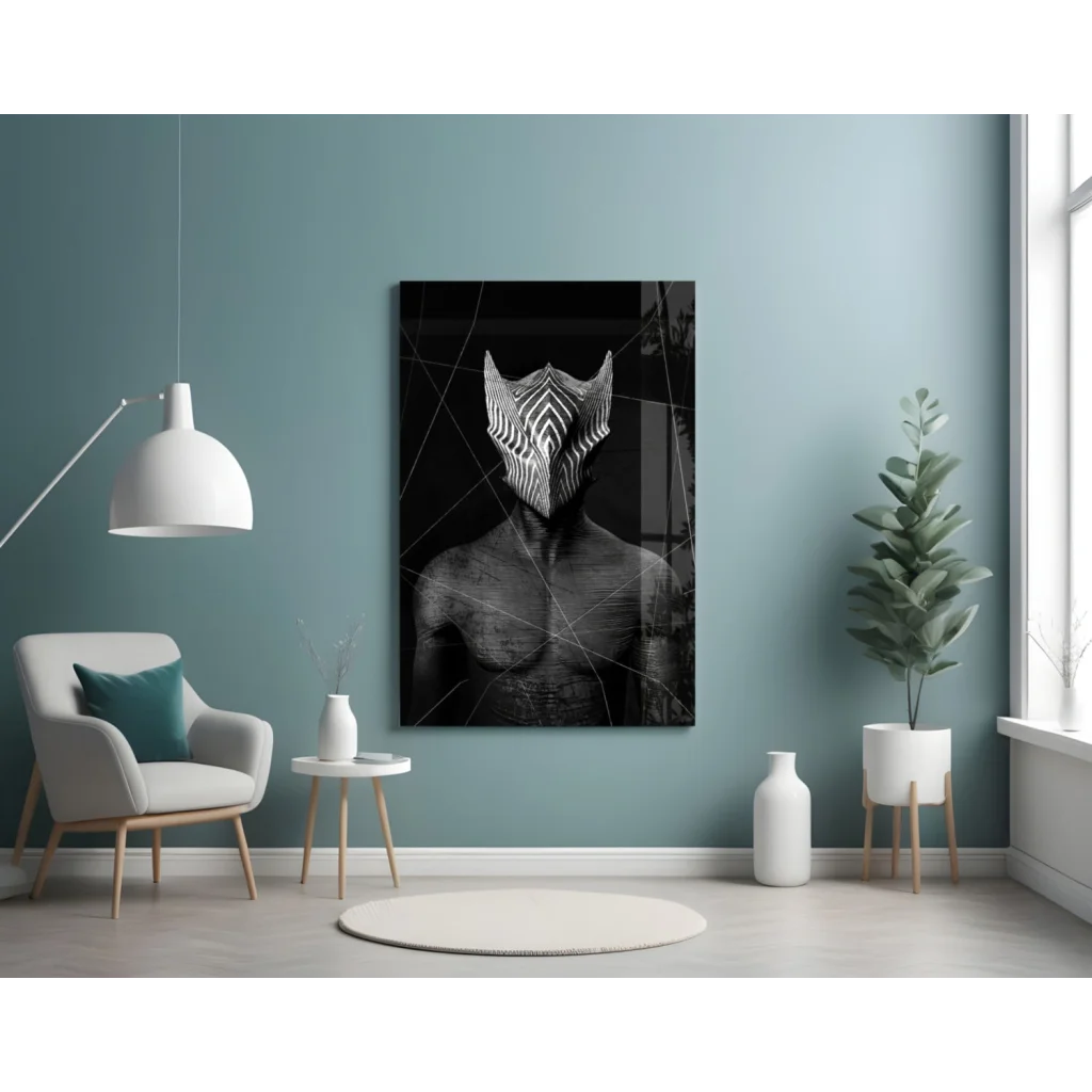 Bold black and white zebra mask glass wall art with geometric patterns