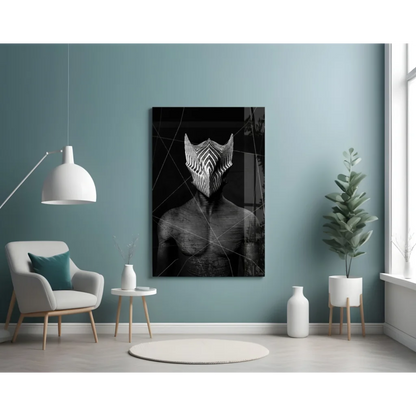 Bold black and white zebra mask glass wall art with geometric patterns