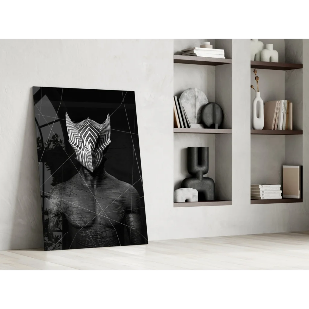Striking zebra mask glass wall art with muscular figure in black and white