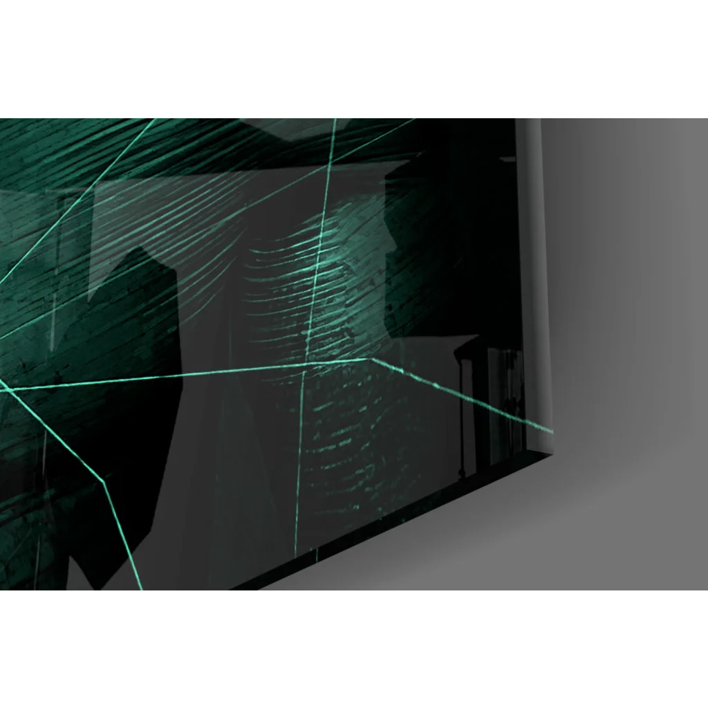 Cracked TV screen with green glow in Glowing Teal Geometric Mask glass wall art