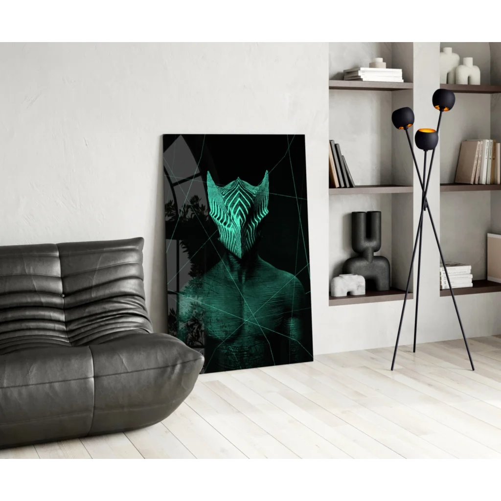 Glowing teal geometric mask glass wall art print