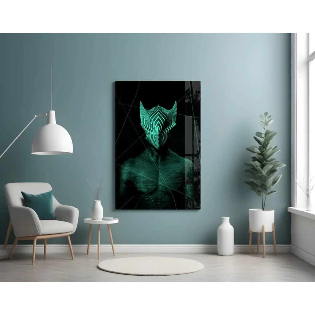 Glowing teal geometric mask on striking black glass wall art print