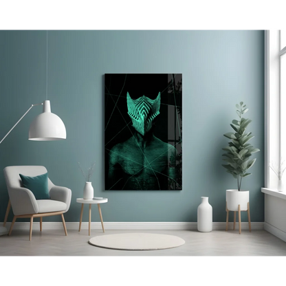 Glowing teal geometric mask on striking black glass wall art print