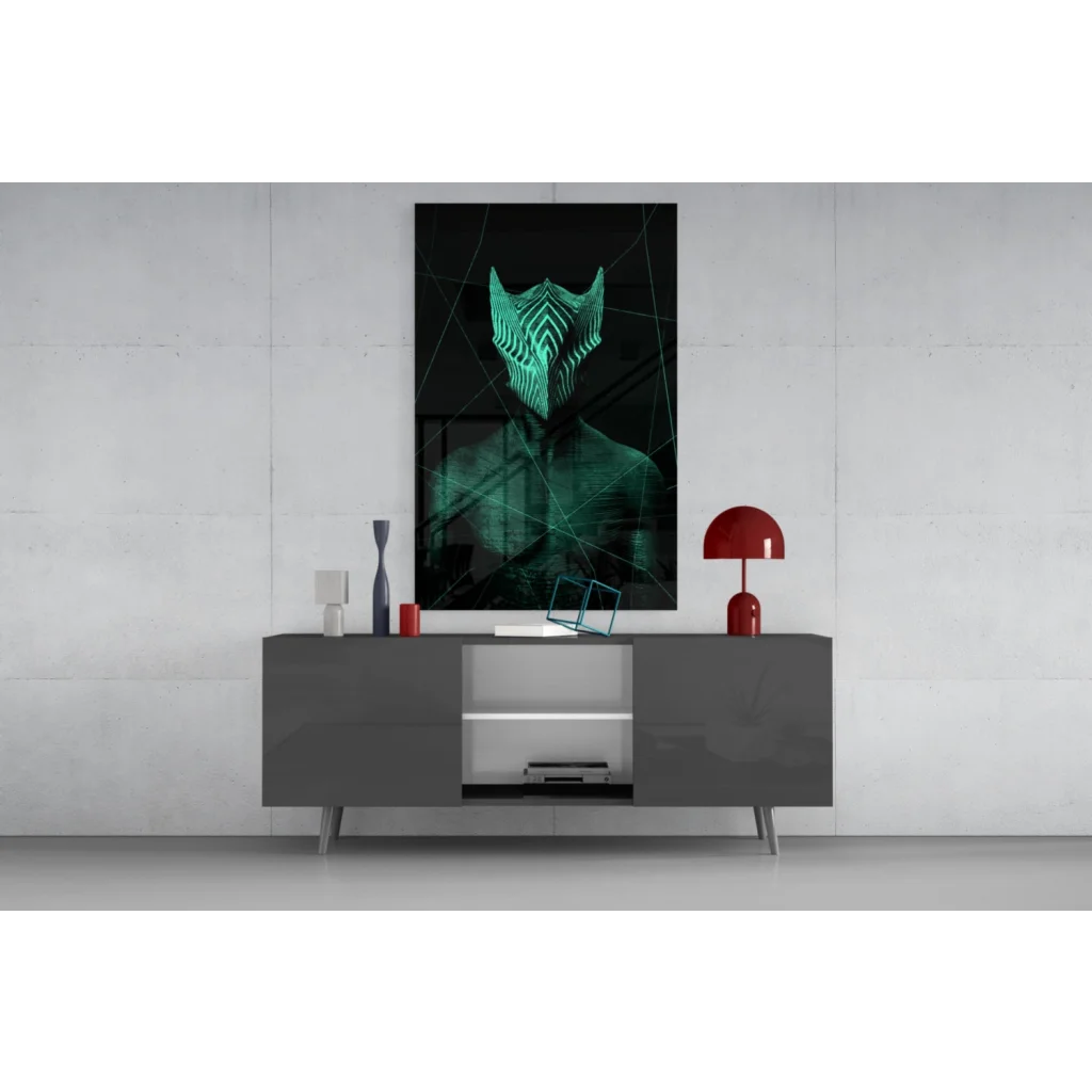 Glowing teal geometric mask on glass wall art print