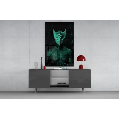 Glowing teal geometric mask on glass wall art print