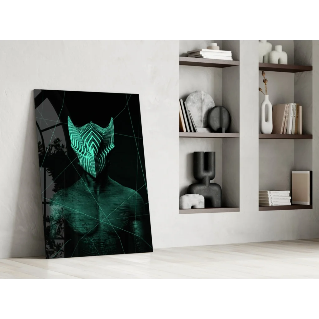 Glowing teal geometric mask on glass wall art print