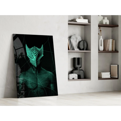 Glowing teal geometric mask on glass wall art print