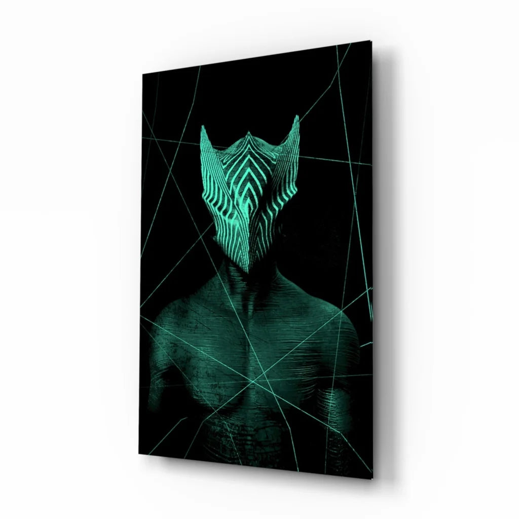 Sleek glowing teal geometric mask glass wall art print on canvas