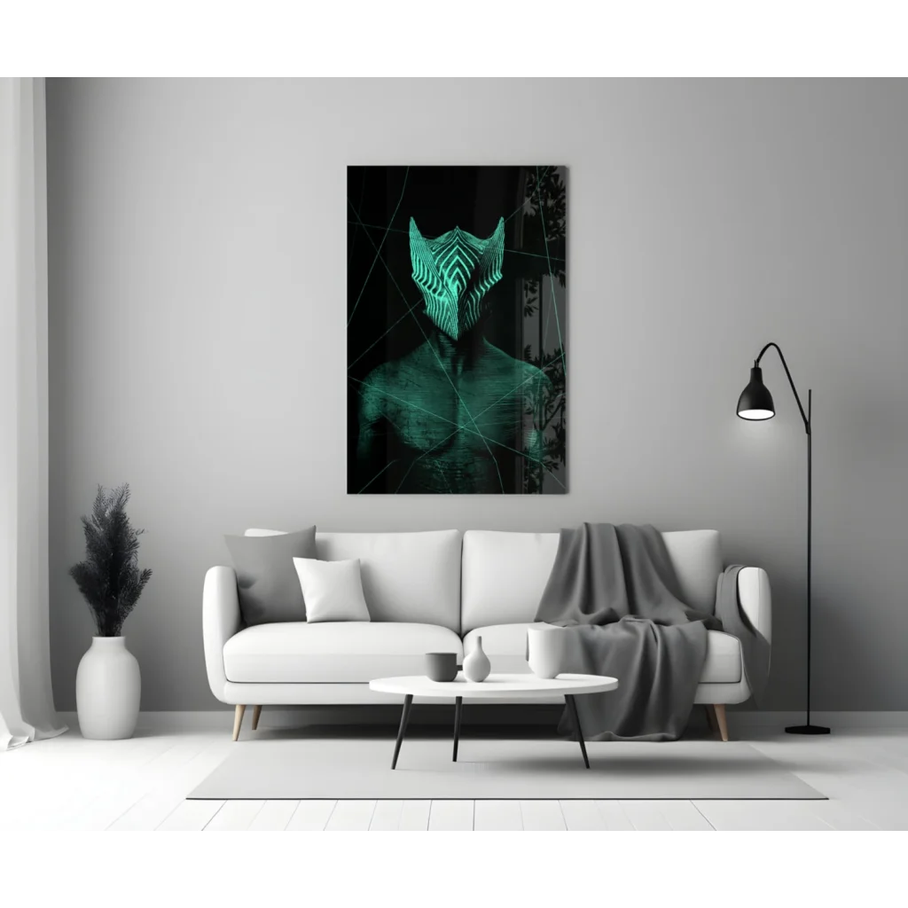Glowing teal geometric mask on glass wall art print