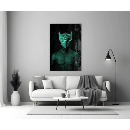 Glowing teal geometric mask on glass wall art print