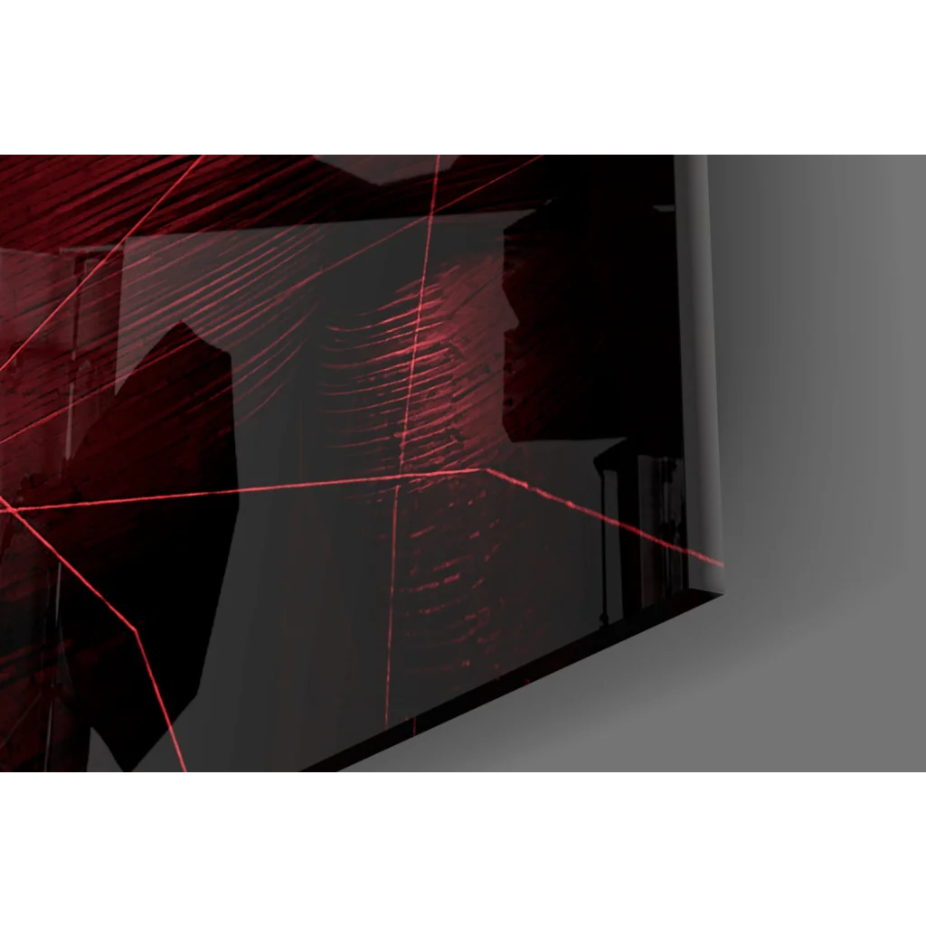 Sleek dark gray monitor with red laser lines in Neon Red Geometric Mask glass wall art