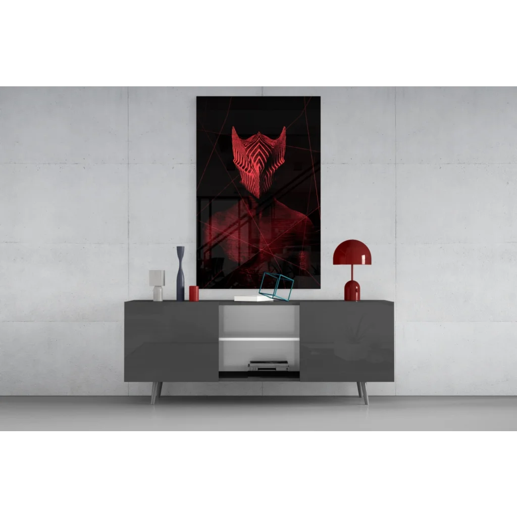 Striking red neon-lit geometric mask glass wall art on gray table