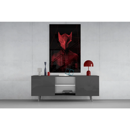 Striking red neon-lit geometric mask glass wall art on gray table