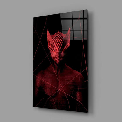 Sleek black glass wall art with red neon geometric mask