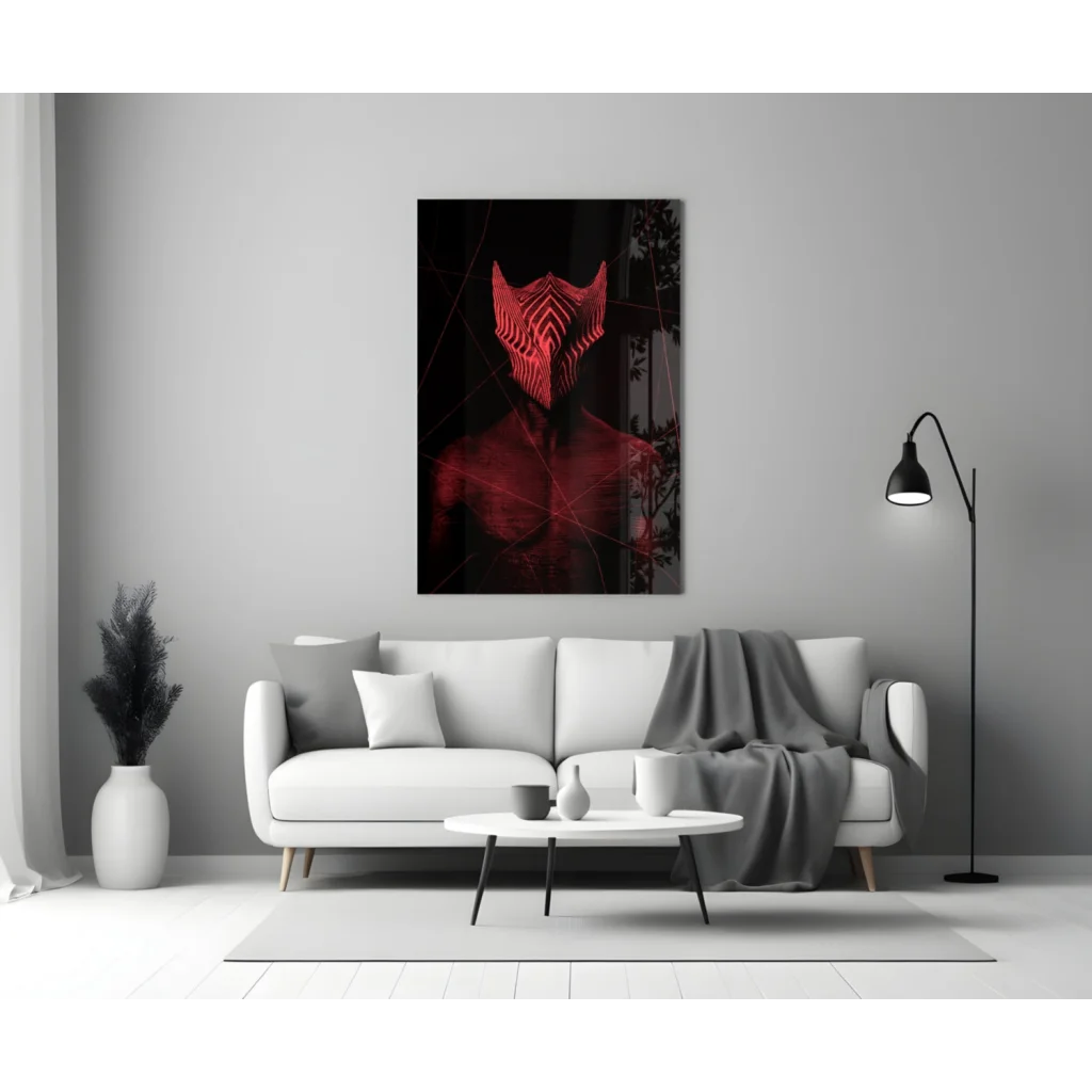 Striking red neon geometric mask glass wall art canvas print